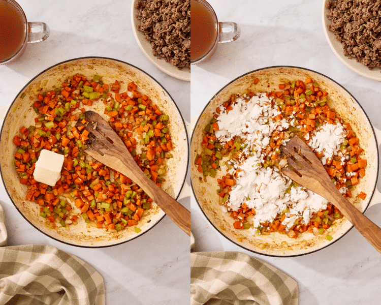 Side-by-side of adding butter and flour to cooked veggies.