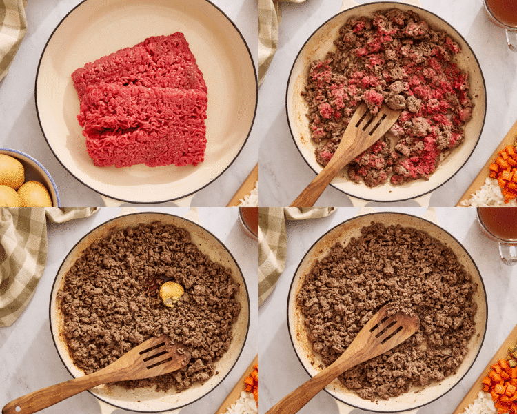 Four images showing how to cook and season the beef.