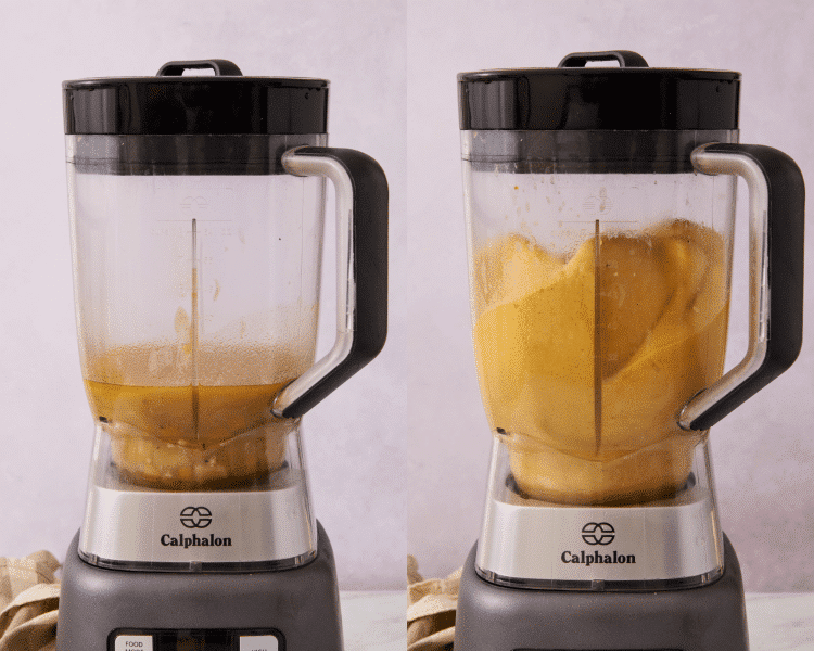 Side-by-side image of blending some of the broth and potatoes to get a creamy consistency.