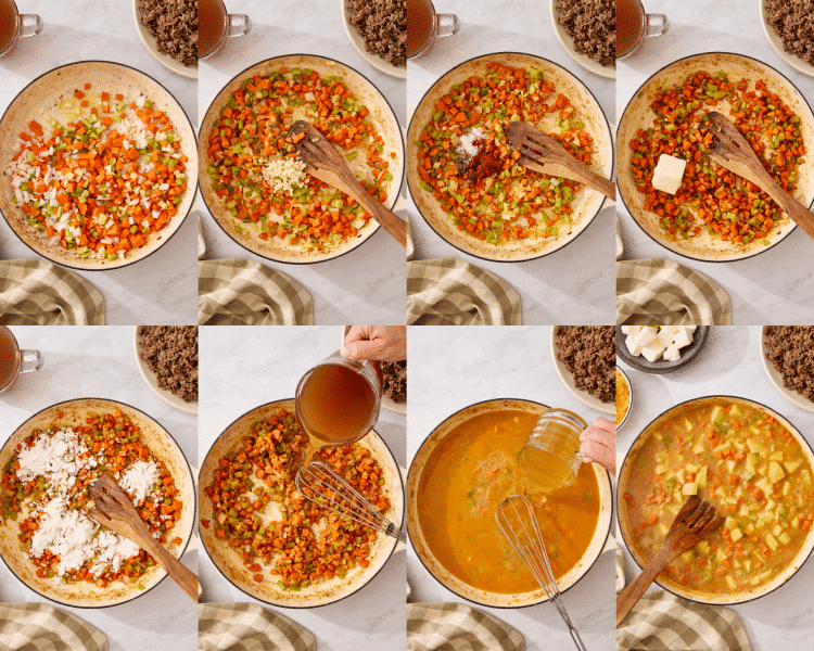 Eight images showing how to build the soup base.