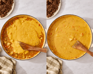 Side-by-side image of adding in the blended soup and potatoes back into the pot.