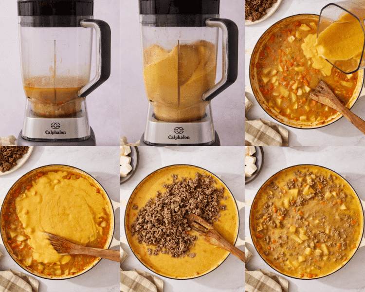 Six images of blending some of the broth and potatoes to add a creamy consistency then stirring in the cooked beef.