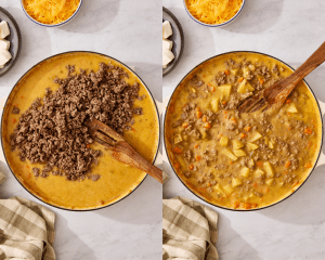 Side-by-side image of adding the browned beef back into the soup.
