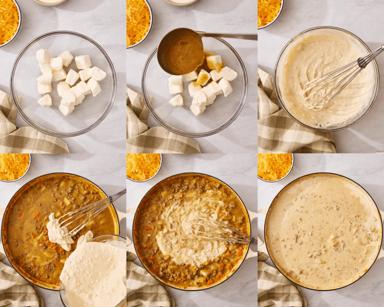 Six images of tempering the cream cheese then adding back into the soup.