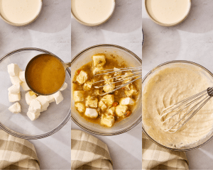 Three images side-by-side of tempering the cream cheese before adding to the soup.
