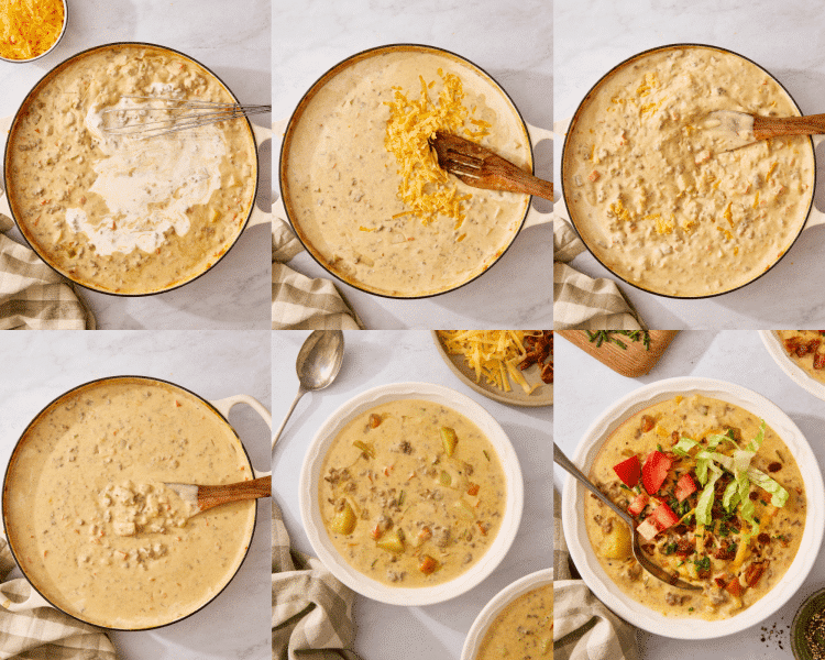 Six images of finishing the soup with the heavy cream and shredded cheese then serving in a bowl and adding toppings.