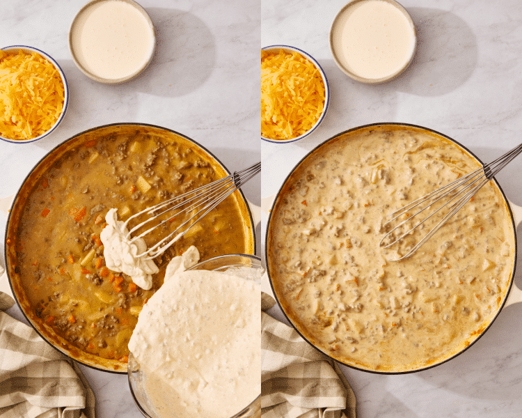 Side-by-side of pouring in the tempered cream cheese.