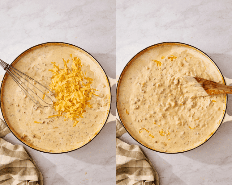 Side-by-side image of stirring in the shredded cheese one handful at a time.