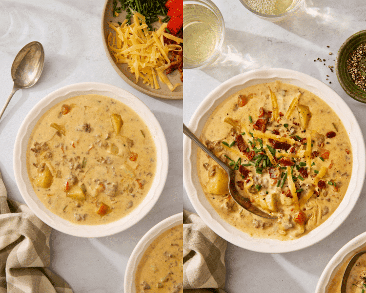 Side-by-side of serving cheeseburger soup in a bowl then adding favorite burger toppings.