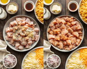 Side-by-side image of seasoning the chicken pieces.