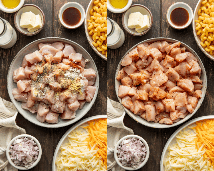 Side-by-side image of seasoning the chicken pieces.