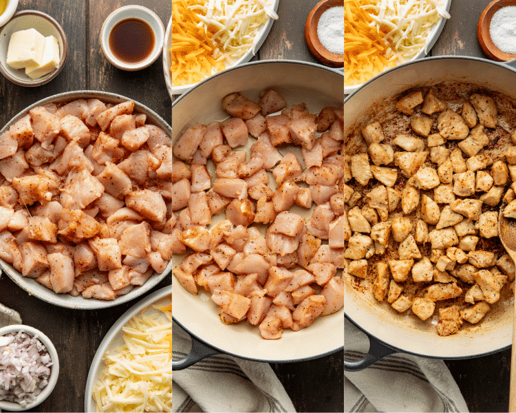 Three images side-by-side of seasoning the chicken then cooking in the dutch oven for 5-7 minutes.
