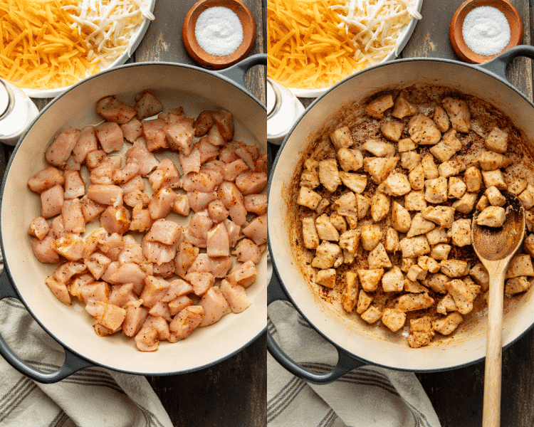 Side-by-side of cooking chicken pieces in a dutch oven for 5-7 minutes.