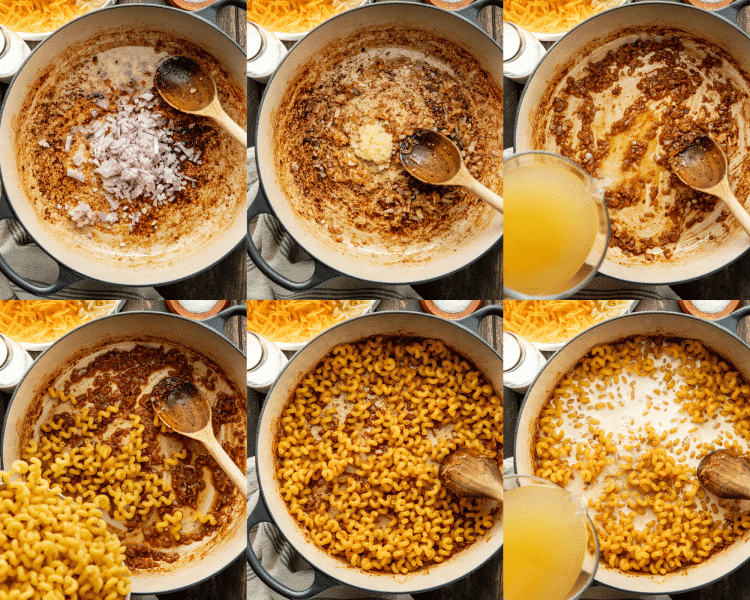 Six images of cooking the pasta for the mac and cheese.