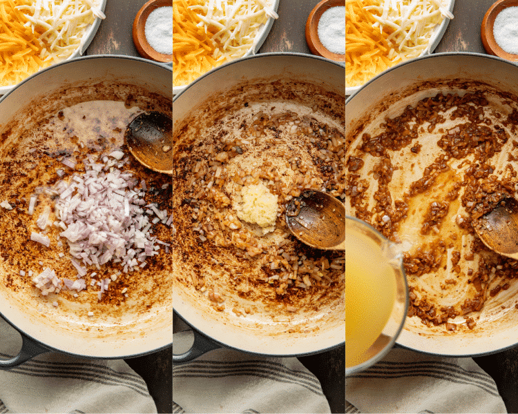 Three images side-by-side of sautéing the aromatics in a dutch oven then deglazing the pan with chicken broth.