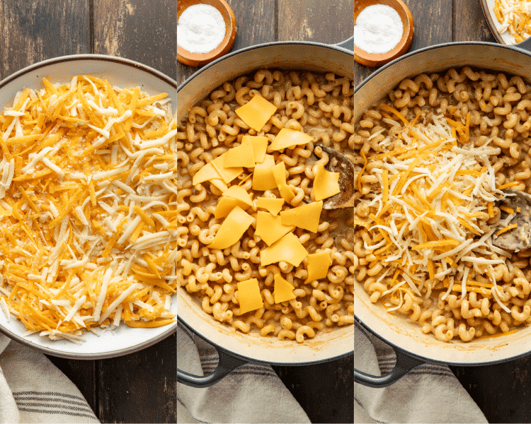 Three images side-by-side of preparing the cheeses then stirring them into the pasta.