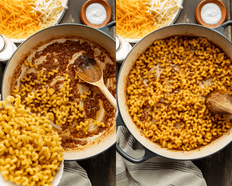 Side-by-side of adding the dry pasta to the aromatics and toasting for a few minutes.
