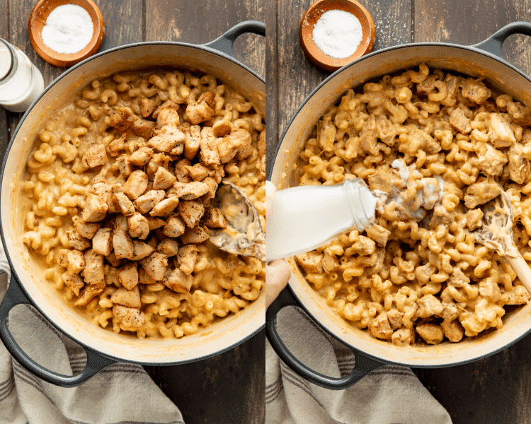Side-by-side image of adding the chicken and milk to the cooked pasta to finish the mac and cheese.