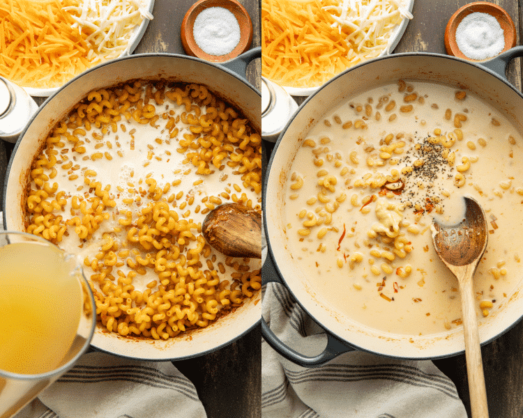 Side-by-side of adding the liquids to toasted pasta and letting cook until the pasta becomes soft.