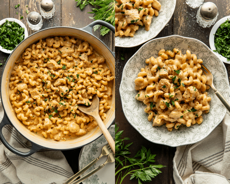 Side-by-side image of the chicken mac and cheese garnished with fresh parsley in the dutch oven at the end of cooking then serving in a bowl with a fork.