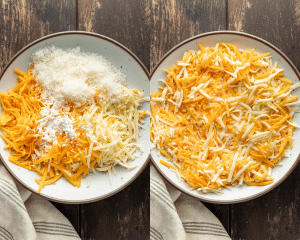 Side-by-side of combining the three types of shredded cheese and mixing with cornstarch.