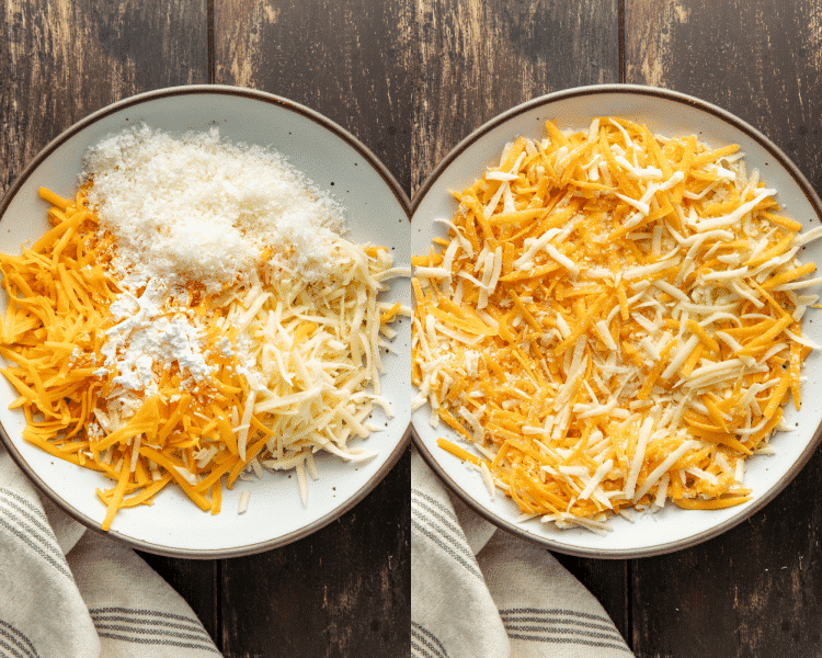 Side-by-side of combining the three types of shredded cheese and mixing with cornstarch.