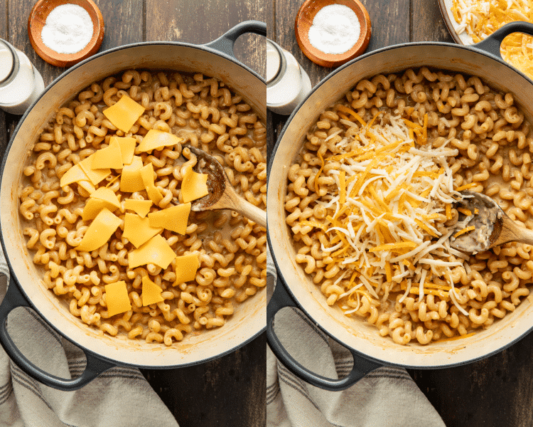 Side-by-side image of adding in the American cheese slice pieces then adding in the shredded cheese mixture.