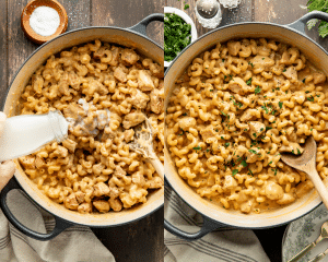 Side-by-side of adding milk to get the right consistency to mac and cheese then garnishing with fresh parsley to finish.