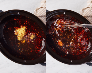 Side-by-side of whisking sauce ingredients directly in the bottom of the slow cooker.