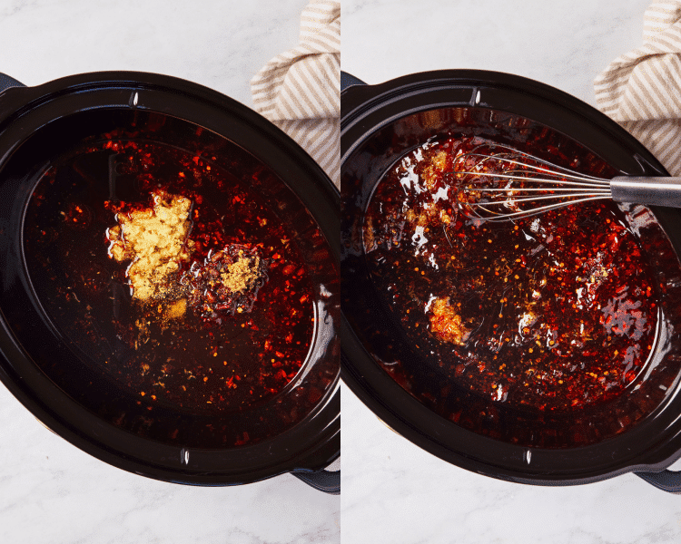 Side-by-side of whisking sauce ingredients directly in the bottom of the slow cooker.