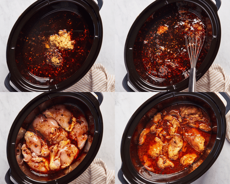 Four images showing how to whisk together the sauce and cook chicken in the slow cooker.