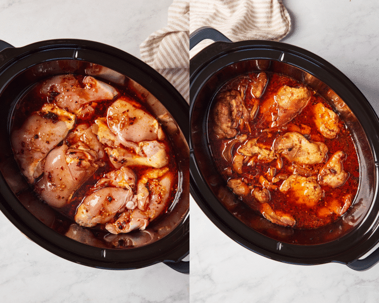 Side-by-side of placing the chicken thighs in the slow cooker with the sauce.