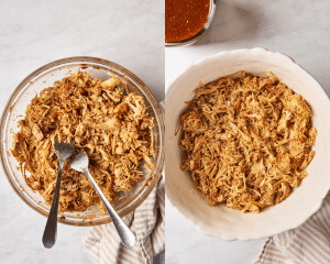 Side-by-side of shredding the cooked chicken with two forks.