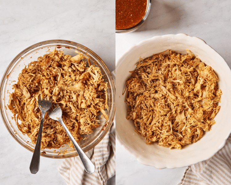 Side-by-side of shredding the cooked chicken with two forks.