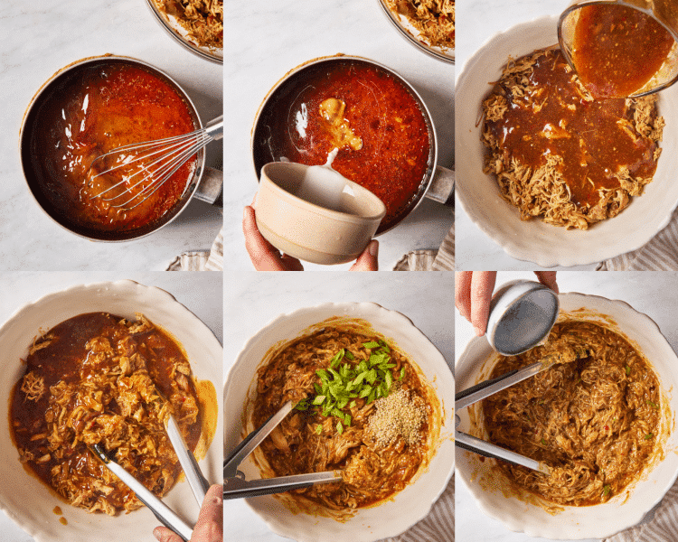 Six images of thickening the sauce then pouring over the chicken, tossing and adding final ingredients.