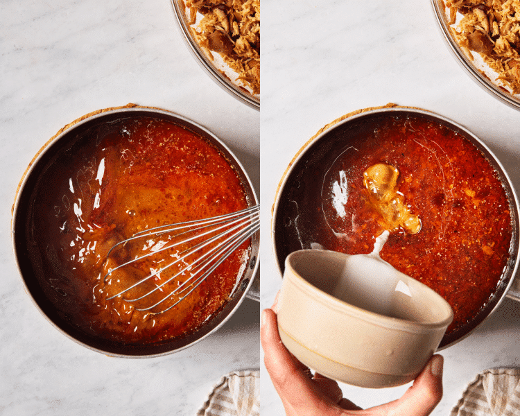 Side-by-side of heating the cooking liquid in a small saucepan on the stovetop then adding the cornstarch slurry to thicken.