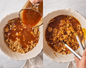 Side-by-side of pouring the thickened sauce over the shredded chicken and tossing to coat.