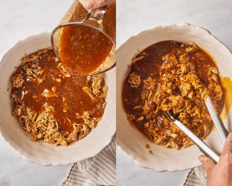 Side-by-side of pouring the thickened sauce over the shredded chicken and tossing to coat.