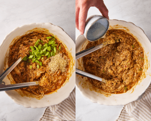Side-by-side of adding green onions, sesame seeds and rice vinegar to chicken after shredding and tossing with the sauce.