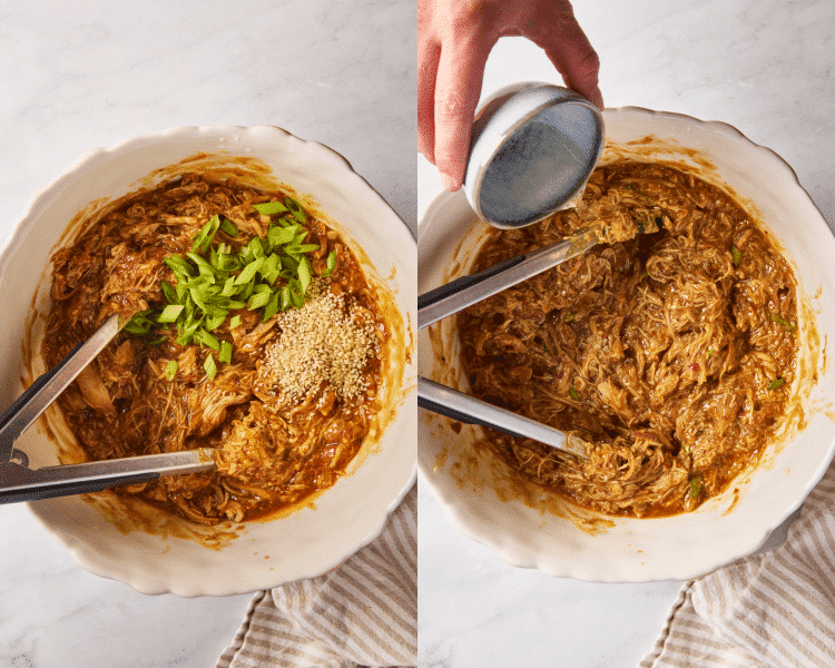 Side-by-side of adding green onions, sesame seeds and rice vinegar to chicken after shredding and tossing with the sauce.