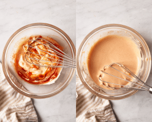 Side-by-side photos of whisking ingredients together for spicy yum yum sauce.