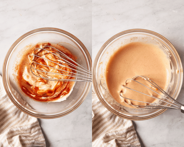 Side-by-side photos of whisking ingredients together for spicy yum yum sauce.