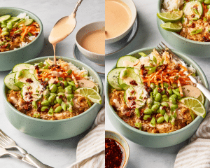 Side-by-side photo of assembled chicken chili crisp bowls then drizzling with yum yum sauce and serving with a fork.