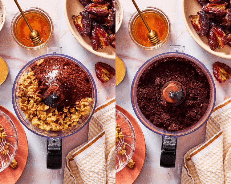 Side-by-side of mixing dry ingredients together in food processor.