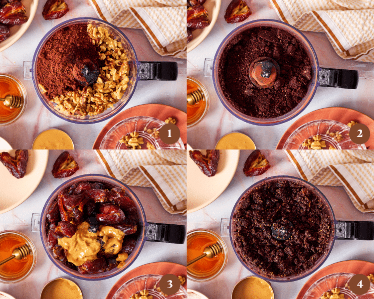 Four images of combining the ingredients for the brownies in a food processor.