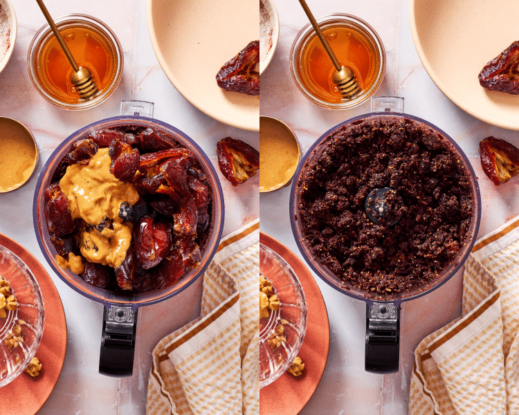 Side-by-side of adding wet ingredients to food processor and pulsing to combine.
