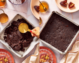Side-by-side of pressing brownie mixture into the bottom of the baking pan.