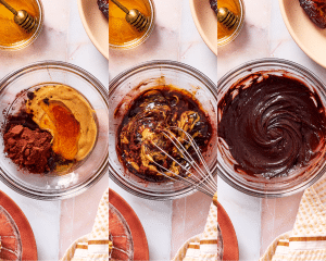 Three images side-by-side of whisking frosting ingredients together.