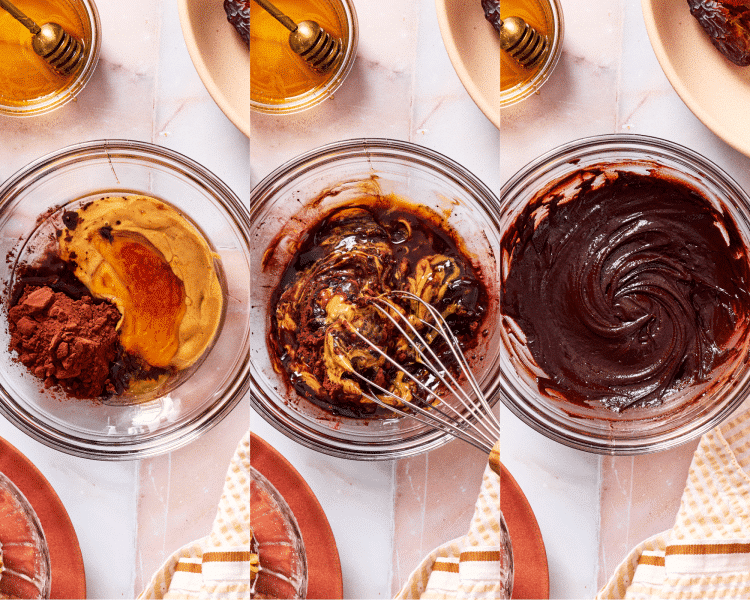 Three images side-by-side of whisking frosting ingredients together.
