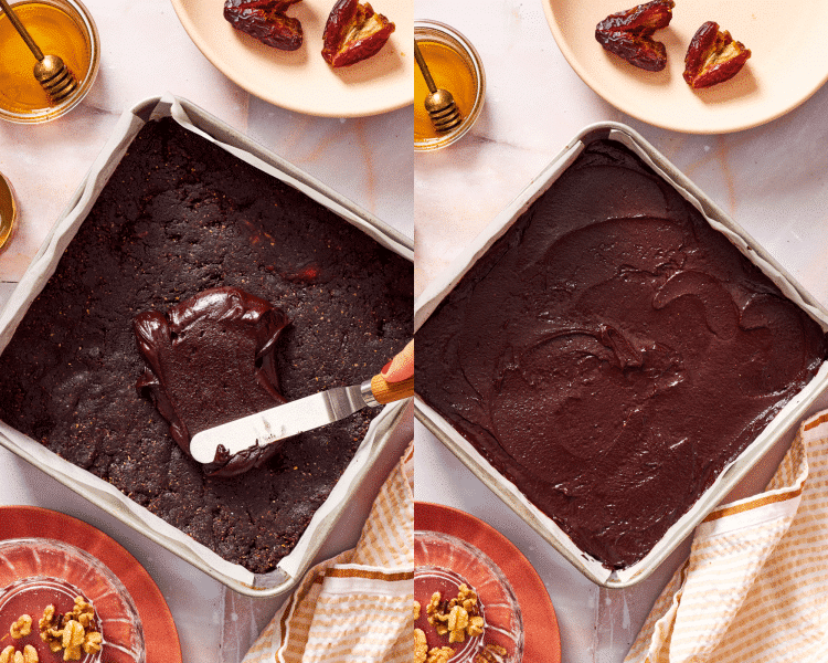 Side-by-side of spreading frosting on top of chilled date brownies.